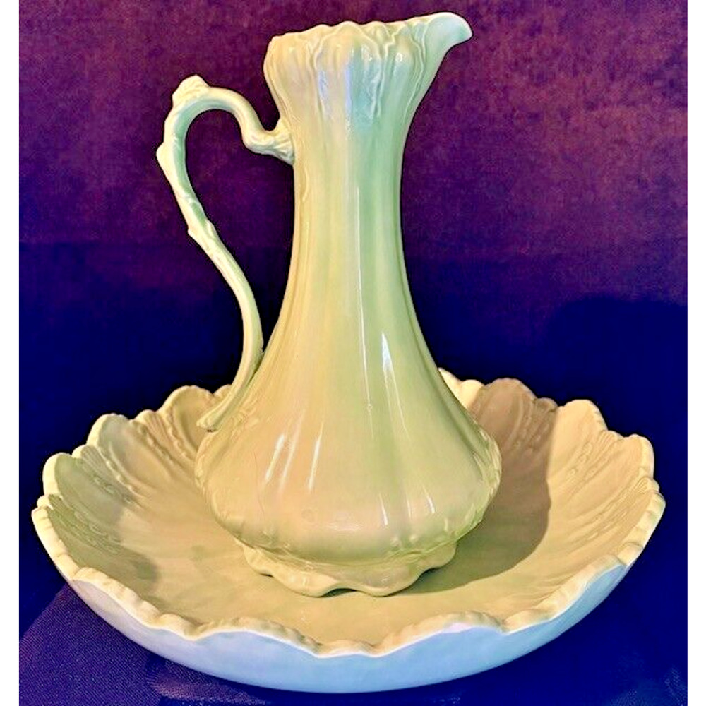 Victorian Style GREEN Ornate Ceramic Pitcher with Wash Basin Hand Painted - Picture 1 of 11